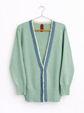 American Exchange Lace Trim Cardigan Pastel Green Blue Size L